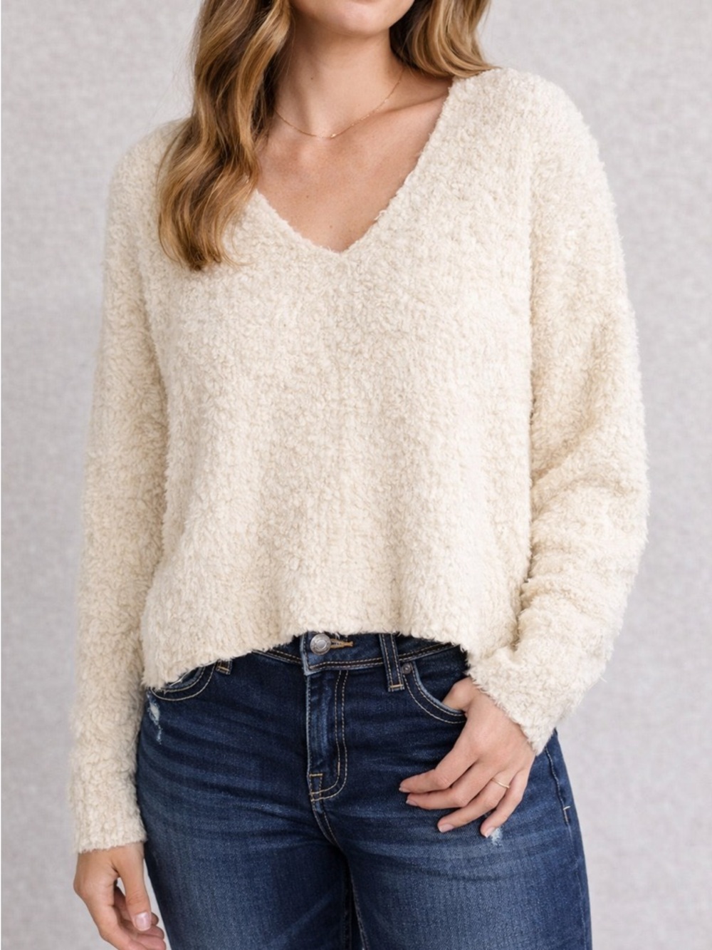 Free People Womens XS Popcorn Pullover Cream Sweater